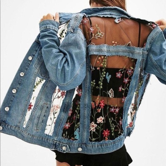O & O Jackets & Blazers - O&O Mesh Floral Cutout Denim Jacket